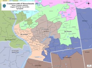 Swan's 11th Hampden District, in dark brown, includes the heart of Springfield, including Jesse Lederman's McKnight neighborhood. (via malegislature.gov)