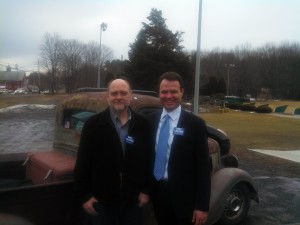 Eric Lesser, right, with Granby Selectman Mark Bail pose outside Happy Days driving range (WMassP&I)