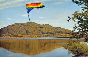 Mt. Tom in Holyoke with LGBT pride flag (created w/ images from wikipedia)