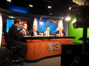 All four candidates with The Republictoan's Rob Rizzu at the CBS/Republican/NEPR debate. (WMassP&I)