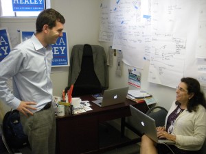 Mike Firestone in the Healey campaign office with a staffer. (WMassP&I)