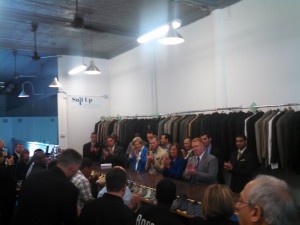 Senator Elizabeth Warren in light blue jacket with Suit Up Springfield's Justin Roberts at her left. (WMassP&I)