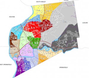 Chicopee's ward and precinct map. The yellow & orange precincts at the bottom between the Springfield border and the Chicopee River are Ward 5 (via MA Sec. of State)
