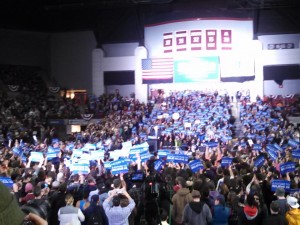 Senator Bernie Sanders takes the stage last night in Amherst (WMassP&I)