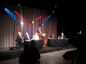 The Democratic Hampden Sheriff's field plus Independent James Gill at the May debate moderated by Mike Dobbs. (WMassP&I)
